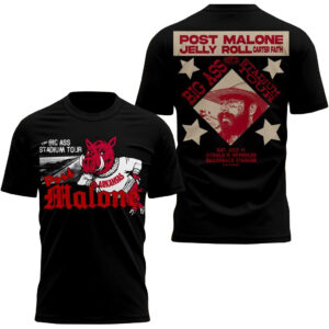 Unisex Arkansas Razorbacks x Post Malone The Big Ass Stadium Tour 2026 Graphic Shirt for Music and College Fans