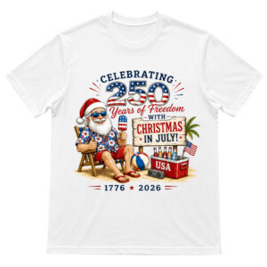 Unisex Christmas in July 250 Years of Freedom 1776-2026 Patriotic Summer Santa Graphic Shirt for Patriotic Fans