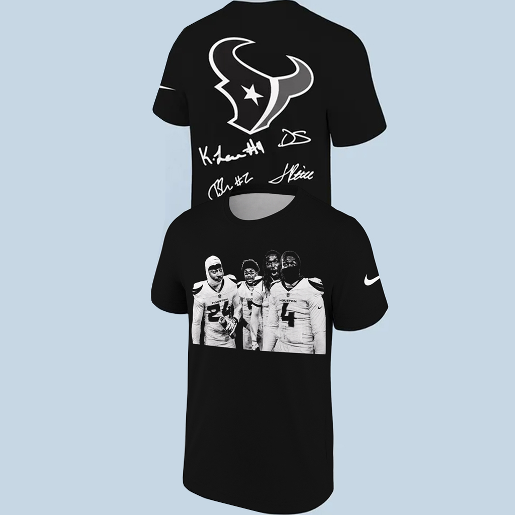 Unisex Houston Texans Jalen Pitre Calen Bullock Kamari Lassiter Derek Stingley Jr Signature 2026 Graphic Shirt for Football Fans 1 Unisex Houston Texans Jalen Pitre Calen Bullock Kamari Lassiter Derek Stingley Jr Signature 2026 Graphic Shirt for Football Fans