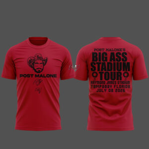 Unisex Post Malone x Tampa Bay Buccaneers Big Ass Stadium Tour 2026 Red Graphic Shirt for Music and Football Fans