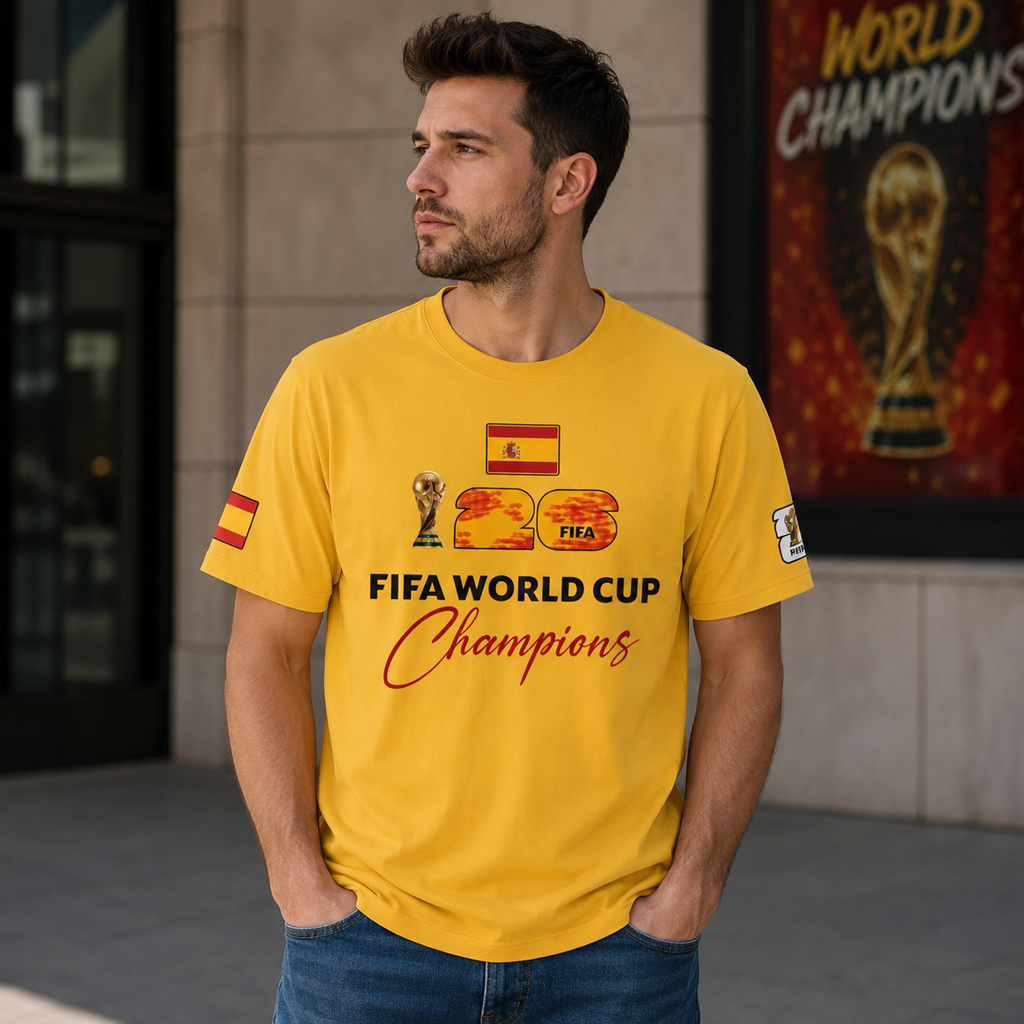 Unisex Spain National Football Team World Cup 2026 Champions Yellow Graphic Shirt for Soccer Fans 2 Unisex Spain National Football Team World Cup 2026 Champions Yellow Graphic Shirt for Soccer Fans - Image 2