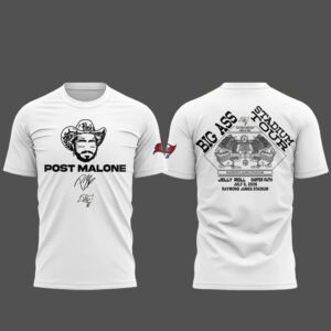 Unisex Tampa Bay Buccaneers x Post Malone Big Ass Stadium Tour 2026 White Graphic Shirt for Music and Football Fans