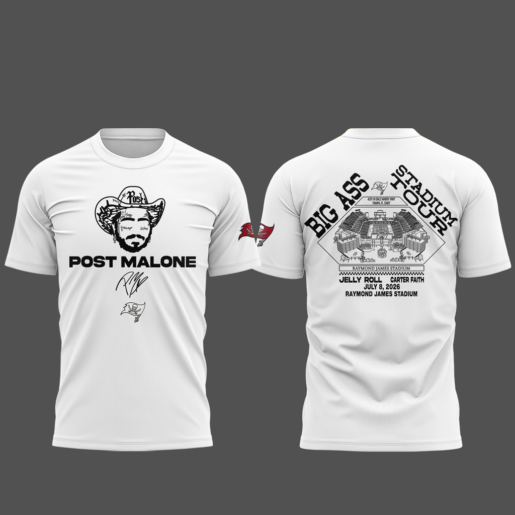 Unisex Tampa Bay Buccaneers x Post Malone Big Ass Stadium Tour 2026 White Graphic Shirt for Music and Football Fans 1 Unisex Tampa Bay Buccaneers x Post Malone Big Ass Stadium Tour 2026 White Graphic Shirt for Music and Football Fans