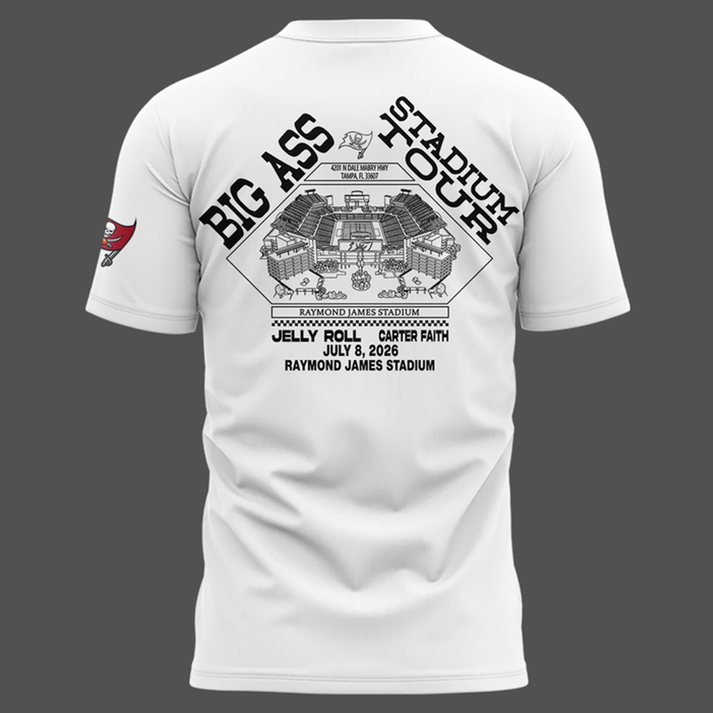 Unisex Tampa Bay Buccaneers x Post Malone Big Ass Stadium Tour 2026 White Graphic Shirt for Music and Football Fans 3 Unisex Tampa Bay Buccaneers x Post Malone Big Ass Stadium Tour 2026 White Graphic Shirt for Music and Football Fans - Image 3