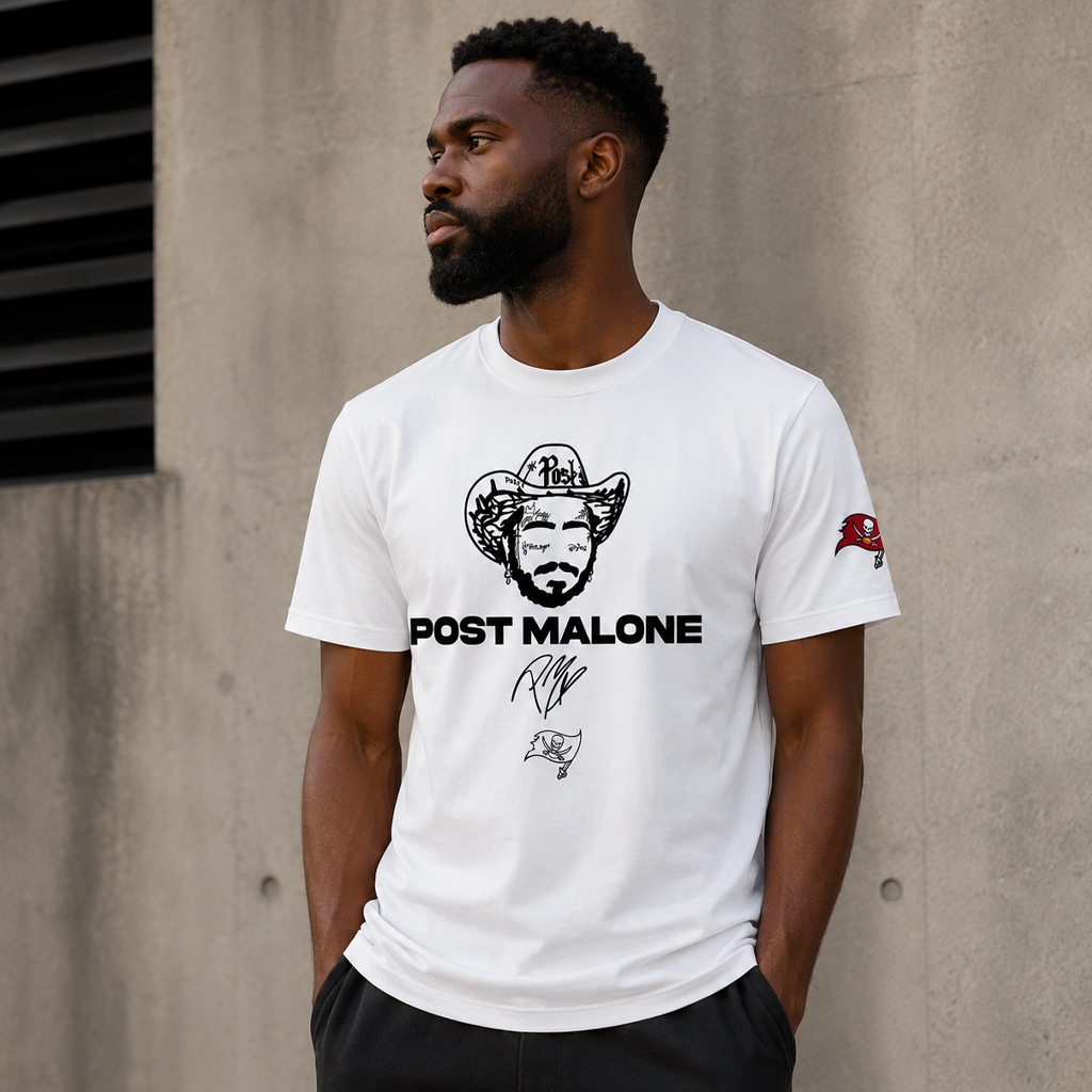 Unisex Tampa Bay Buccaneers x Post Malone Big Ass Stadium Tour 2026 White Graphic Shirt for Music and Football Fans 4 Unisex Tampa Bay Buccaneers x Post Malone Big Ass Stadium Tour 2026 White Graphic Shirt for Music and Football Fans - Image 4
