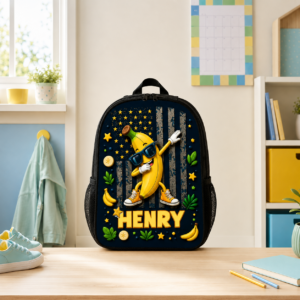 Custom Printed Strawberry and Banana Cartoon Backpack for Students with Personalized Name