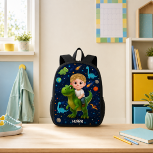 Custom Printed Dinosaur Space and Jungle Art Backpack for Students with Personalized Name