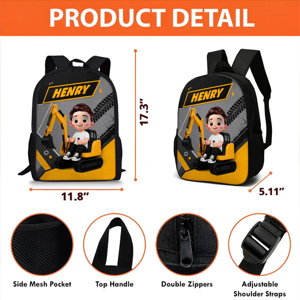 Custom Printed Excavator Ride Backpack for Students and Daycare with Personalized Name 4 Custom Printed Excavator Ride Backpack for Students and Daycare with Personalized Name - Image 4