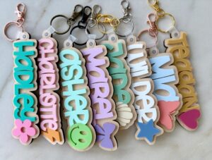 Unique Custom 3D Layered Wood Name Keychain for Everyday Bags and Keys with Decorative Charm