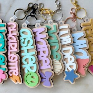 Custom 3D Layered Wood Name Keychain for Everyday Bags and Keys with Decorative Charm