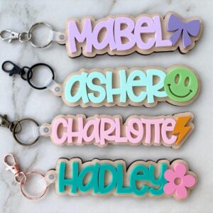 Personalized 3D Layered Name Keychain with Charm for Backpacks and Keys