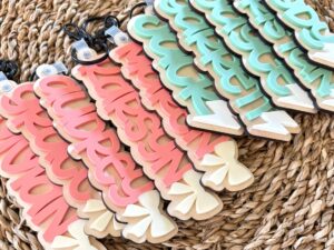 Custom 3D Layered Pastel Wood Name Keychain for Everyday Bags with Decorative Charm
