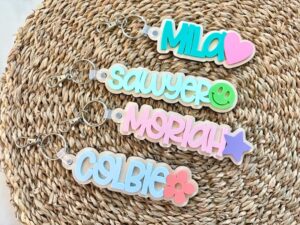 Custom 3D Layered Pastel Name Keychain for Bags and Totes with Decorative Charm