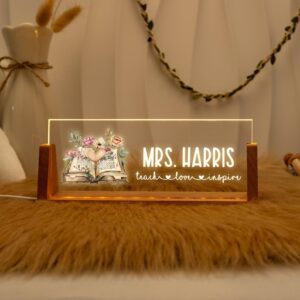 Personalized Teacher Name Sign - LED Illuminated Floral Book Heart Desk Lamp
