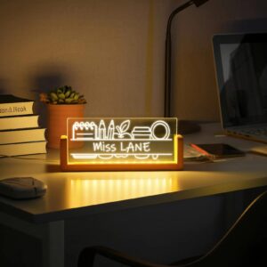 Personalized Teacher Name Sign - LED Illuminated School Icons Desk Lamp