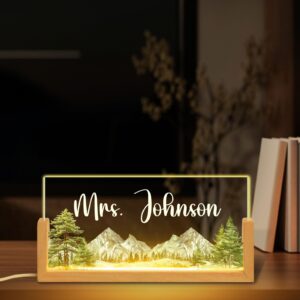 Personalized Mountain Landscape Teacher Desk Name Plate with LED Base
