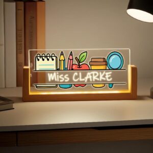 Personalized Teacher Name Sign - LED Illuminated Cartoon School Icons Desk Lamp