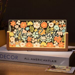 Personalized Teacher Name Sign - LED Illuminated Colorful Floral Pattern Desk Lamp