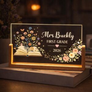 Personalized First Grade Teacher Sign - LED Illuminated Floral Book Desk Lamp