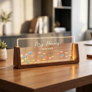 Personalized Wildflower Meadow Teacher Desk Name Plate with LED Base