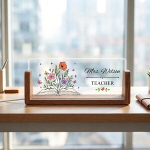 Personalized Blooming Book Teacher Desk Name Plate with LED Base