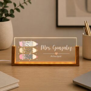 Personalized Patterned Pencil Teacher Desk Name Plate with LED Base