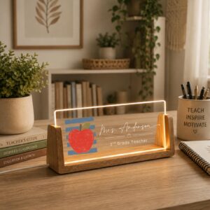 Personalized Teacher Name Sign - LED Illuminated Apple Brush Stroke Desk Lamp