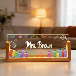 Personalized Teacher Name Sign - LED Illuminated Crayon School Supplies Desk Lamp