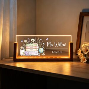 Personalized Floral Teacher Desk Name Plate with Books and Globe LED Sign
