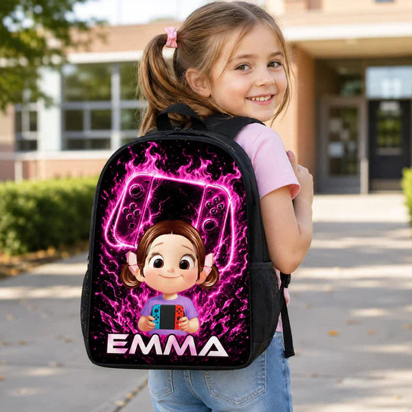 Custom Printed Pink Neon Gamer Girl Backpack for Students with Personalized Name 2 Custom Printed Pink Neon Gamer Girl Backpack for Students with Personalized Name - Image 2