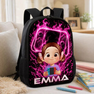Custom Printed Pink Neon Gamer Girl Backpack for Students with Personalized Name