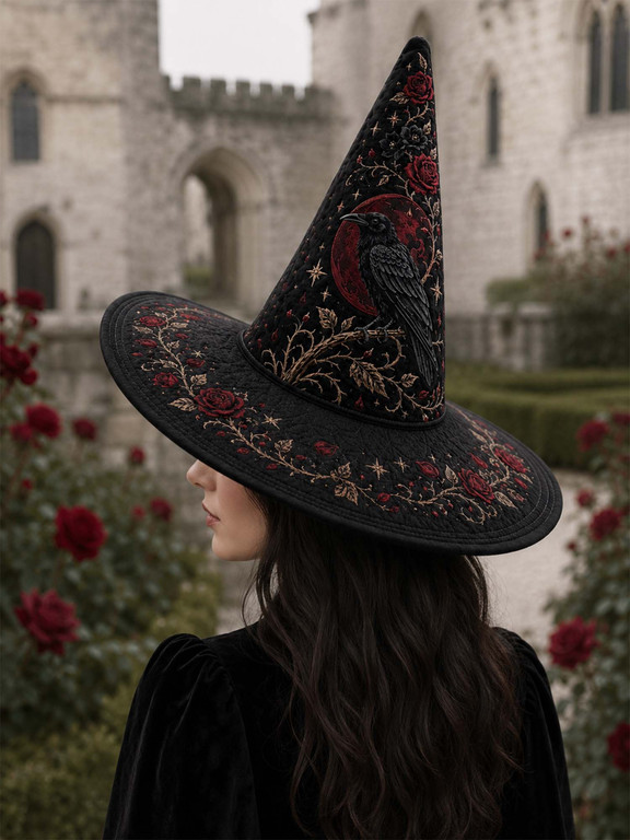 Halloween Raven Rose Gothic Quilted Witch Hat 2 Halloween Raven Rose Gothic Quilted Witch Hat - Image 2