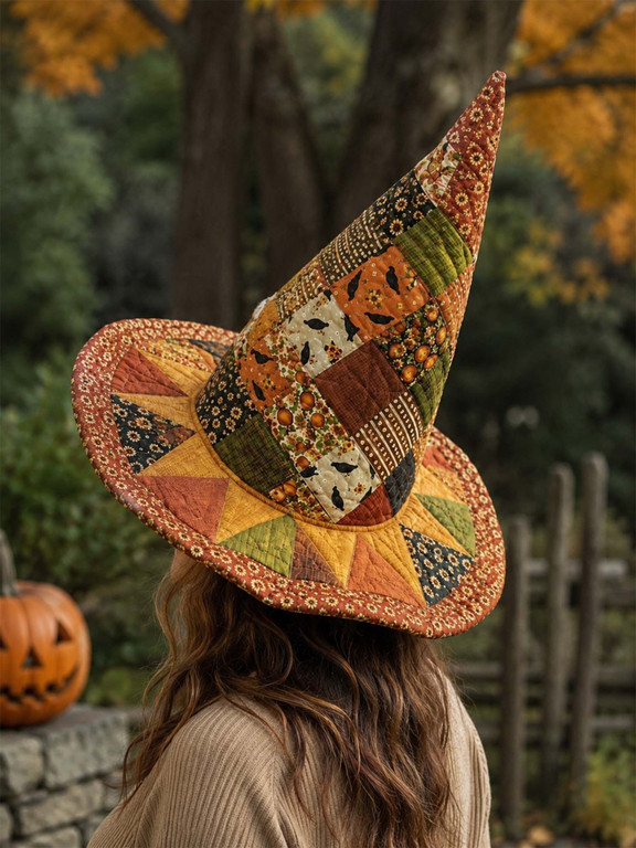 Autumn Pumpkin Patchwork Folk Art Quilted Witch Hat 2 Autumn Pumpkin Patchwork Folk Art Quilted Witch Hat - Image 2