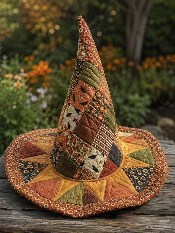 Autumn Pumpkin Patchwork Folk Art Quilted Witch Hat 3 Autumn Pumpkin Patchwork Folk Art Quilted Witch Hat - Image 3