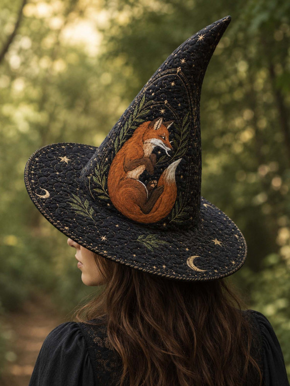 Celestial Fox Moonlight Woodland Quilted Witch Hat 2 Celestial Fox Moonlight Woodland Quilted Witch Hat - Image 2