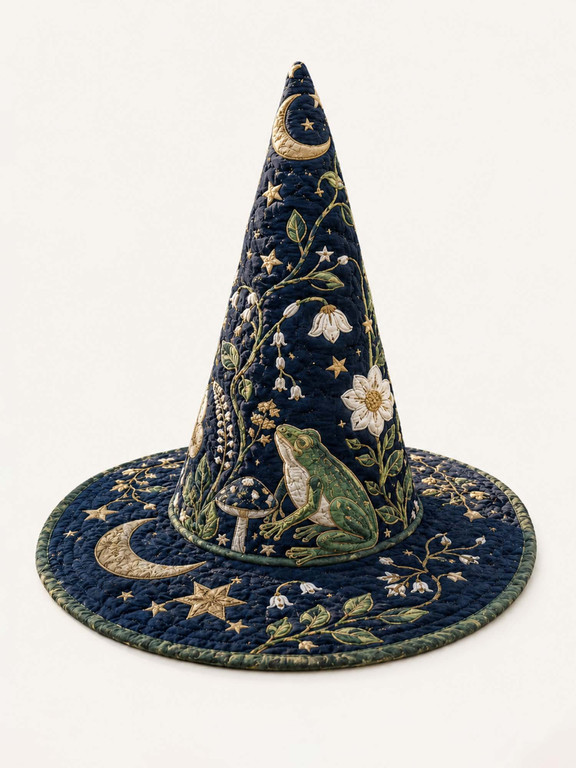 Frog Mushroom Celestial Woodland Quilted Witch Hat 1 Frog Mushroom Celestial Woodland Quilted Witch Hat