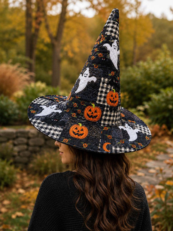 Halloween Ghost Pumpkin Plaid Quilted Witch Hat 2 Halloween Ghost Pumpkin Plaid Quilted Witch Hat - Image 2