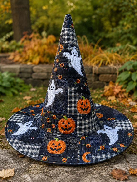 Halloween Ghost Pumpkin Plaid Quilted Witch Hat 3 Halloween Ghost Pumpkin Plaid Quilted Witch Hat - Image 3