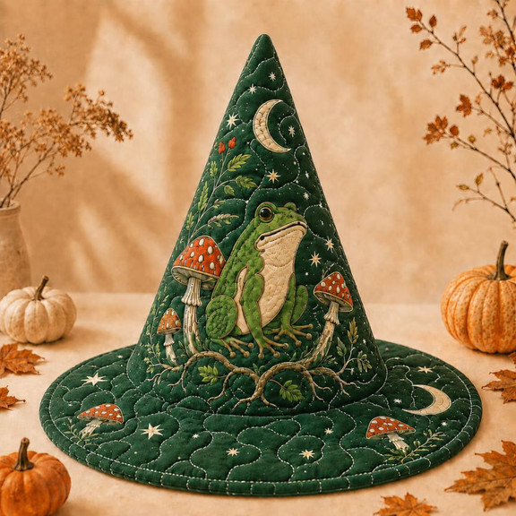 Green Frog Mushroom Forest Quilted Witch Hat 1 Green Frog Mushroom Forest Quilted Witch Hat