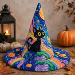 Psychedelic Black Cat Celestial Quilted Witch Hat
