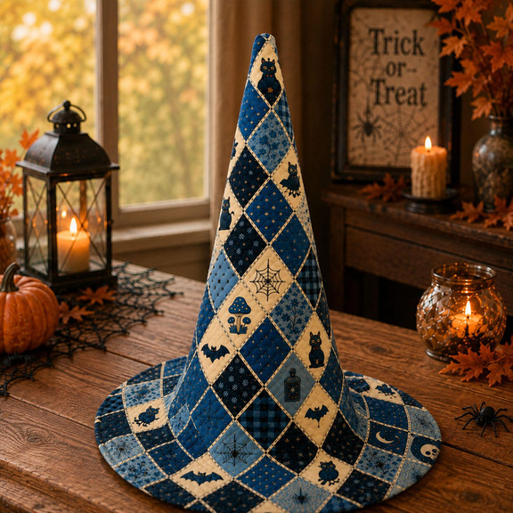 Blue Cream Argyle Spooky Quilted Witch Hat 1 Blue Cream Argyle Spooky Quilted Witch Hat