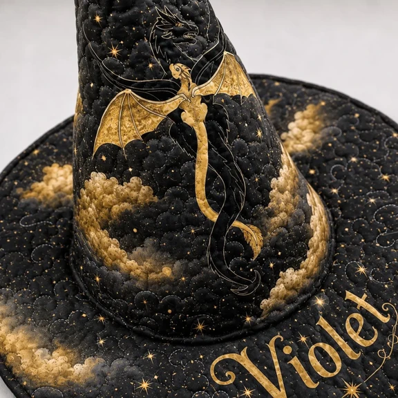 Personalized Golden Dragon Celestial Quilted Witch Hat 2 Personalized Golden Dragon Celestial Quilted Witch Hat - Image 2