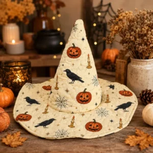 Cream Pumpkin Raven Halloween Quilted Witch Hat