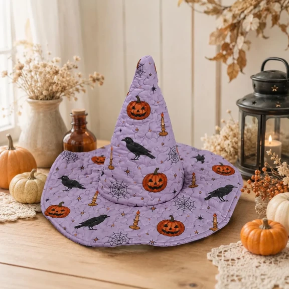 Lavender Pumpkin Raven Halloween Quilted Witch Hat 1 Lavender Pumpkin Raven Halloween Quilted Witch Hat