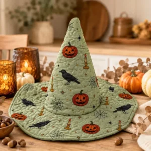 Sage Green Pumpkin Raven Halloween Quilted Witch Hat