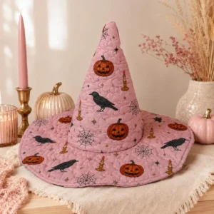 Pink Pumpkin Raven Halloween Quilted Witch Hat