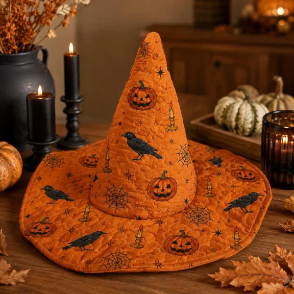 Orange Pumpkin Raven Halloween Quilted Witch Hat 1 Orange Pumpkin Raven Halloween Quilted Witch Hat