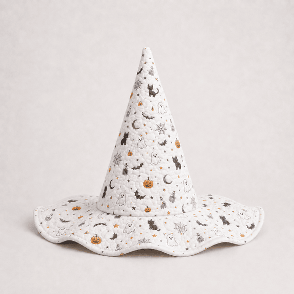 White Ghost Moon Pumpkin Halloween Quilted Witch Hat 1 White Ghost Moon Pumpkin Halloween Quilted Witch Hat