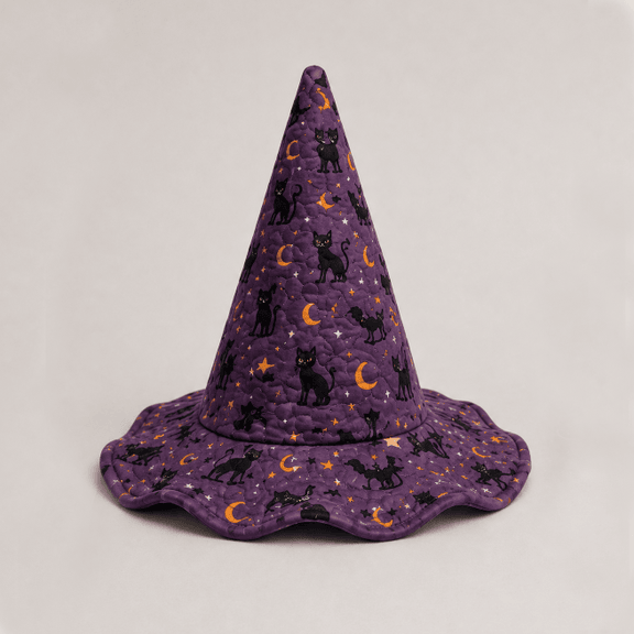 Purple Black Cat Moon Halloween Quilted Witch Hat 1 Purple Black Cat Moon Halloween Quilted Witch Hat