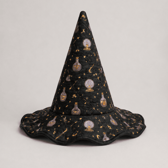 Black Potion Bottle Witchy Quilted Witch Hat 1 Black Potion Bottle Witchy Quilted Witch Hat